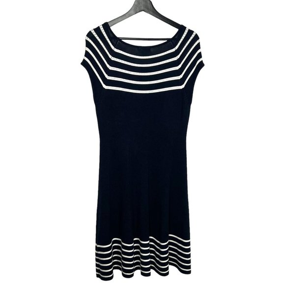 Eliza J Navy Blue White Stripe Short Sleeve Knit Below Knee Dress Small - Picture 4 of 10